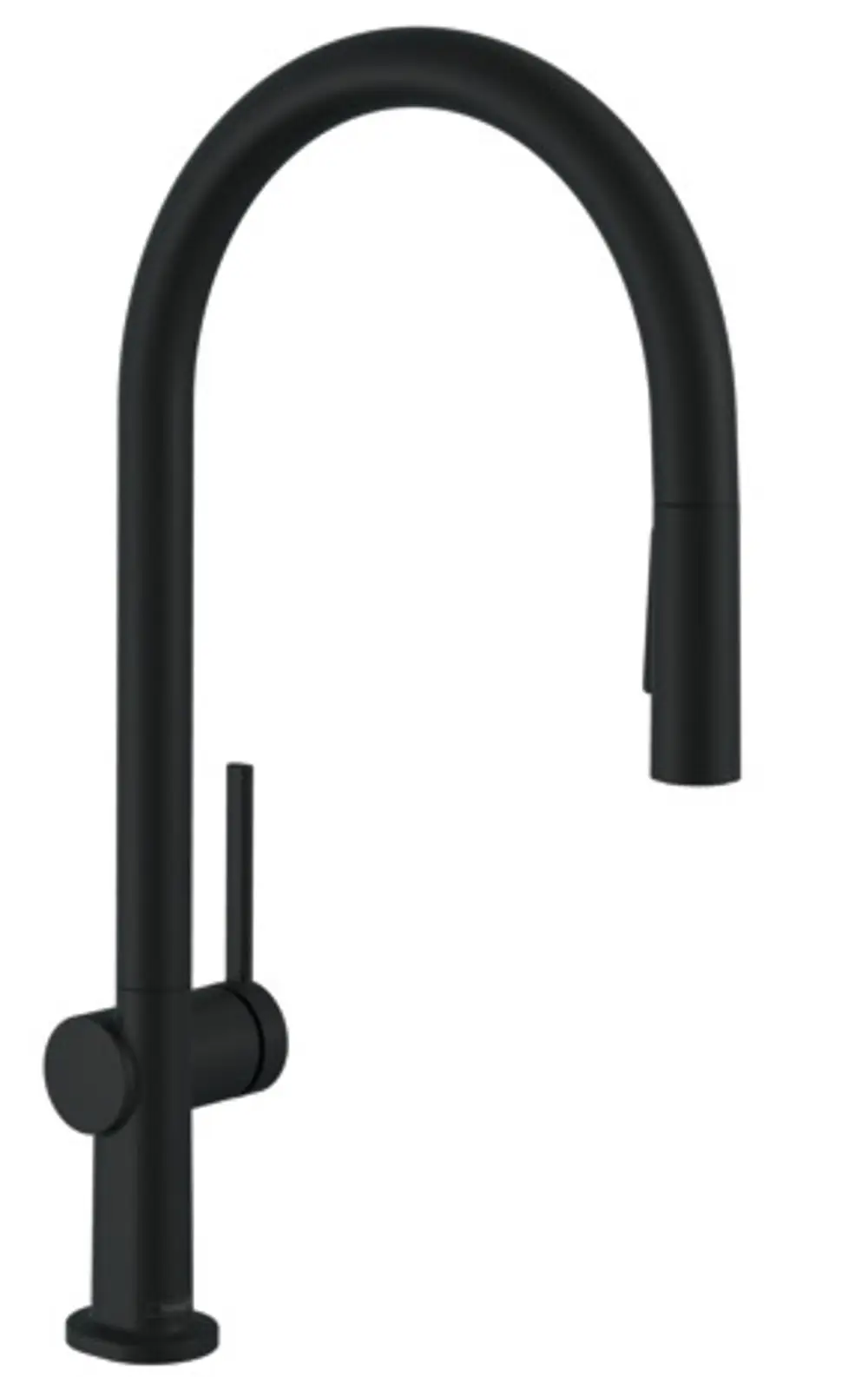 Schwarzer Küchenarmatur mit hohem, geschwungenem Auslauf und seitlichem Hebel. Ausziehbare Brause mit zwei Strahlarten. Modell von Hansgrohe.